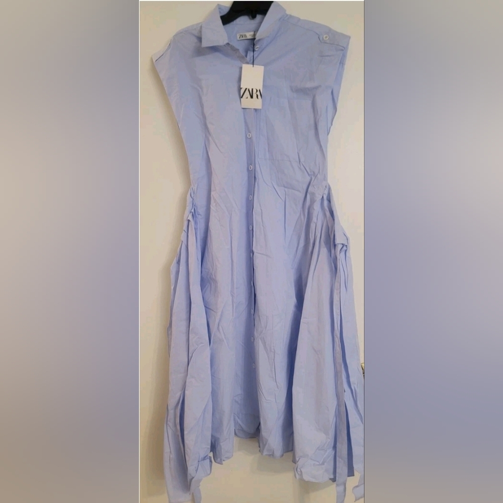Zara Midi Blue Flared/Pleated Front Button Wrap Tie Waist Cotton Poplin Dress - Picture 5 of 12
